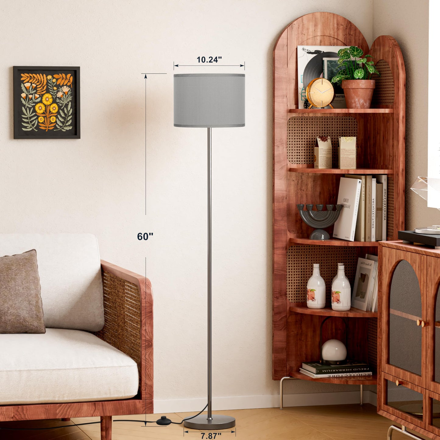 Modern Floor Lamp Simple Design with White Shade, Foot Pedal Switch, 60" Small Tall Lamps for Living Room Bedroom Office Dining Room Kitchen, Black Pole Lamp(Without Bulb)