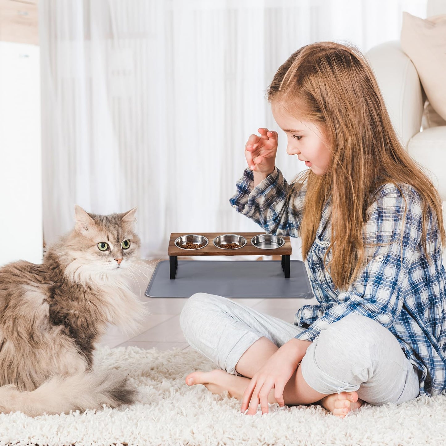 Upgraded Elevated Cat Bowls with Food Mat,15°Tilted Stand Anti Vomiting Raised Cat Dishes for Food and Water,2 Stainless Steel Bowls for Cats and Puppy