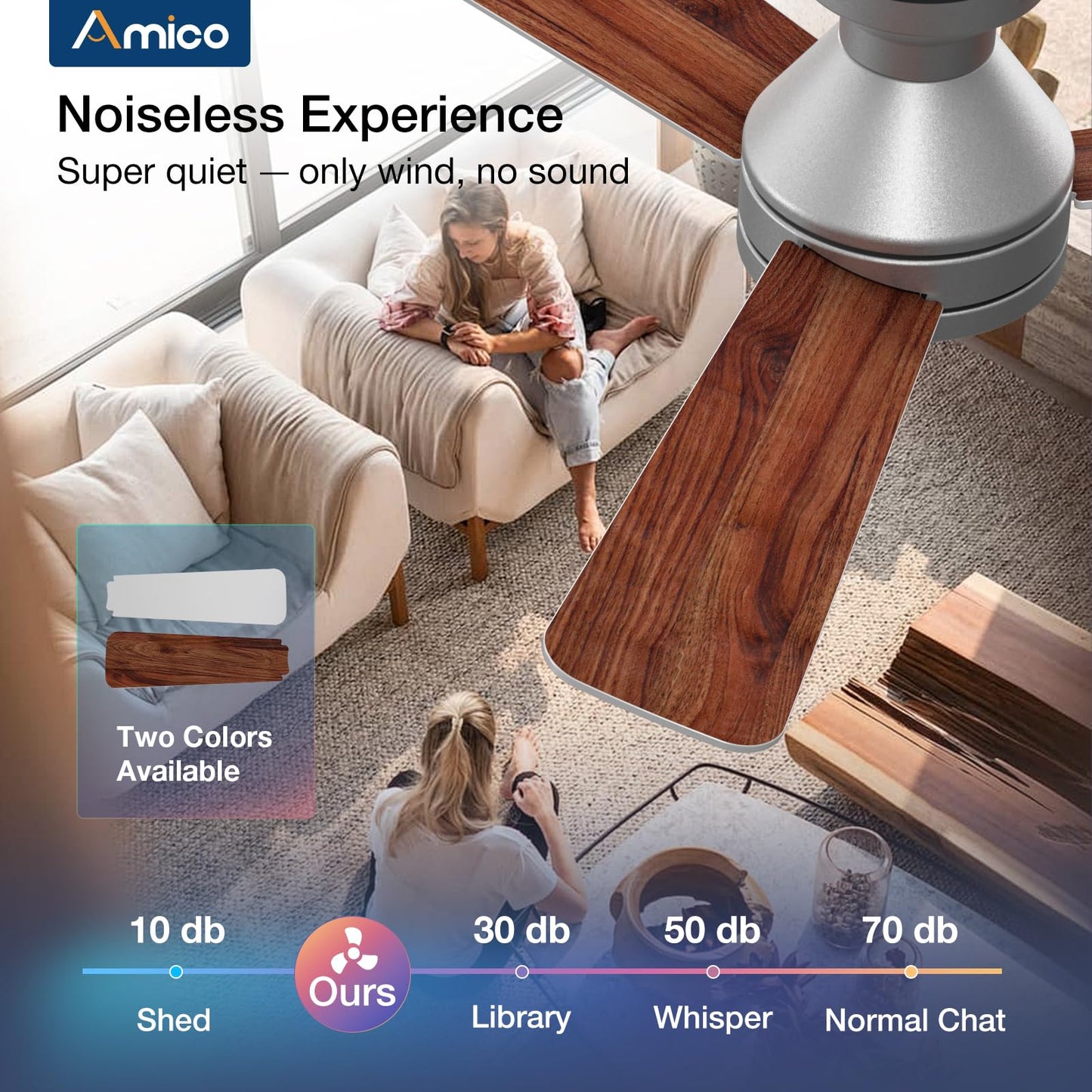 Amico Ceiling Fans with Lights, 42 inch Low Profile Ceiling Fan with Light and Remote Control, Flush Mount, Reversible, 3CCT, Dimmable, Noiseless, White Ceiling Fan for Bedroom, Indoor/Outdoor Use