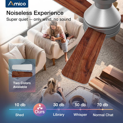 Amico Ceiling Fans with Lights, 42 inch Low Profile Ceiling Fan with Light and Remote Control, Flush Mount, Reversible, 3CCT, Dimmable, Noiseless, White Ceiling Fan for Bedroom, Indoor/Outdoor Use