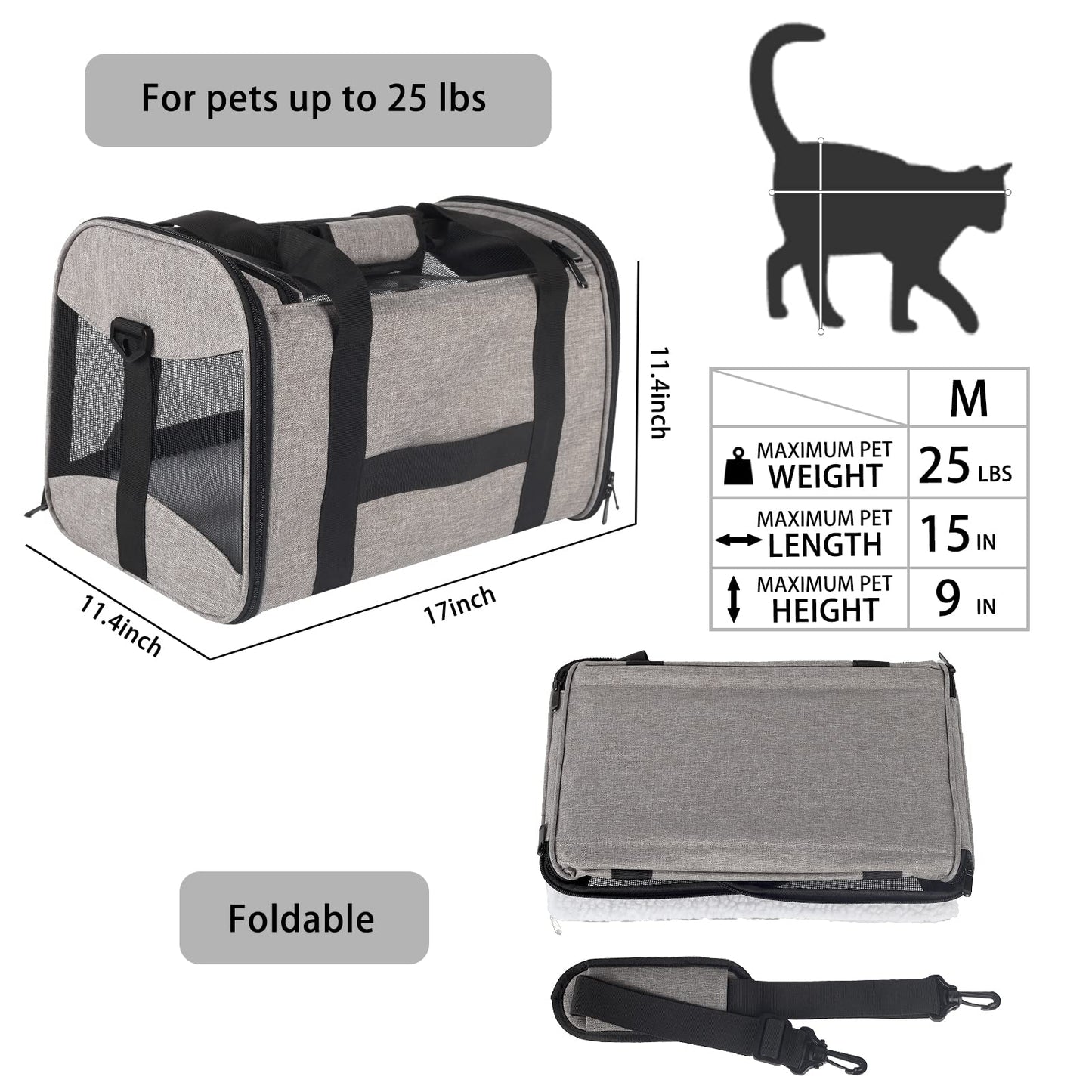 Cat Carrying Case Pet Dog Carrier Soft-Sided Cat Bag Airline Approved, Pet Travel Carrier Up to 15 Lbs, Collapsible Cat Carrier Dog Carrier for Medium Cats Small Cats Dogs(17x11x11 Green)