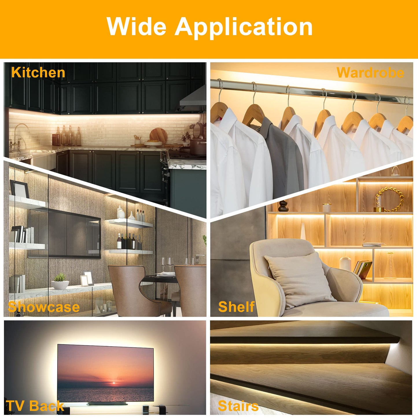 LAFULIT Under Cabinet Lighting Kit - 8 PCS, 2700K Warm White Flexible LED Strip Lights with Remote and Power Adapter for Kitchen Cabinets, Shelf, Desk, Counter - 13ft