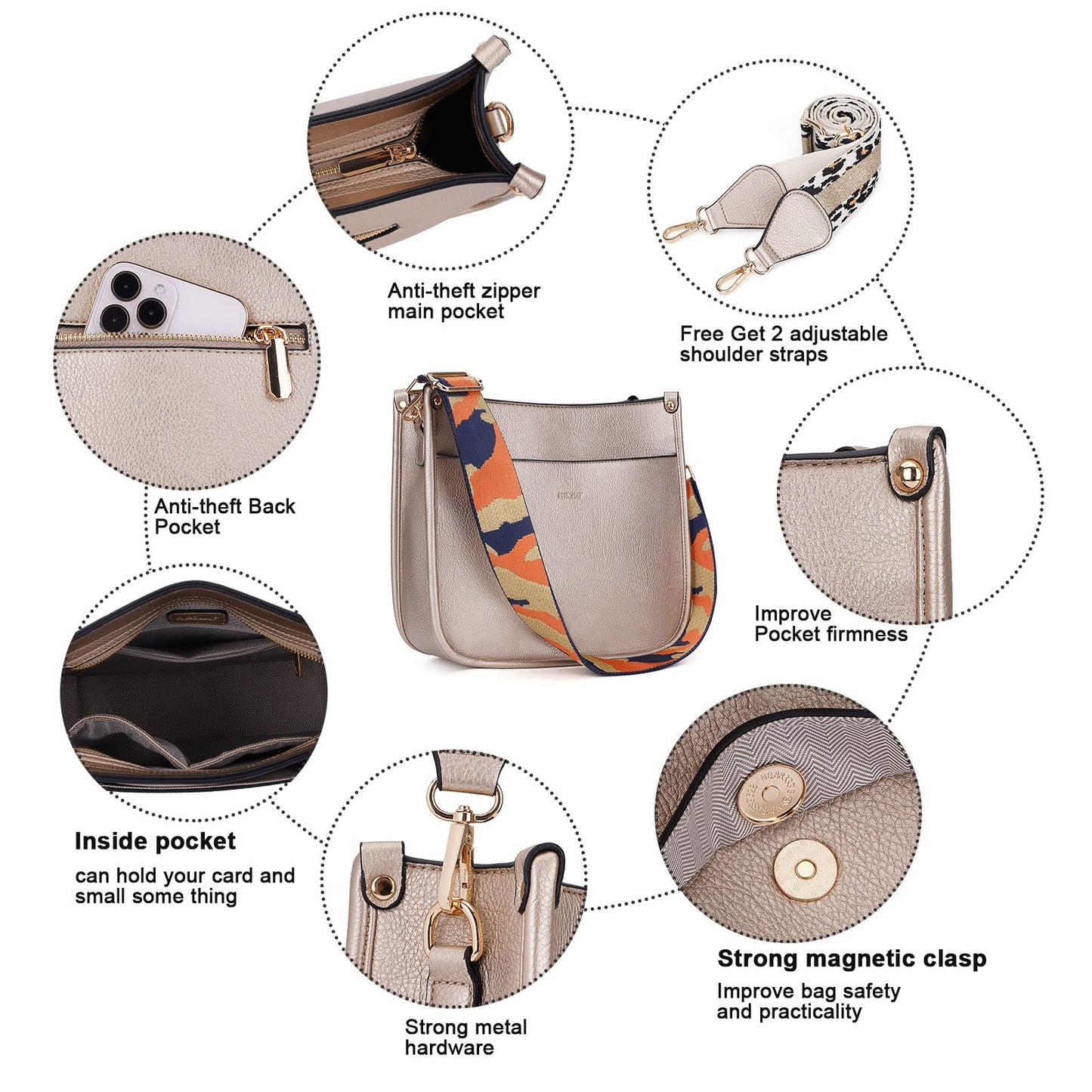 HKCLUF Crossbody Bags for Women Trendy Vegan Leather Hobo Handbags With 2PCS Adjustable Guitar Strap Shoulder Bucket Bags
