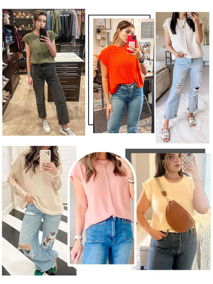 Womens Cap Sleeve Tops 2025 Trendy Tank Top Loose Knit Sweater Vests Cute Shirts Outfits Spring Fall Summer Tops