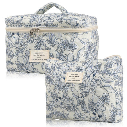 Cute Makeup Bag for Women(2 Pcs), Travel Cosmetic Bags, Quilted Coquette Aesthetic Floral Toiletry Organizer Bag (NavyBlue Flower)