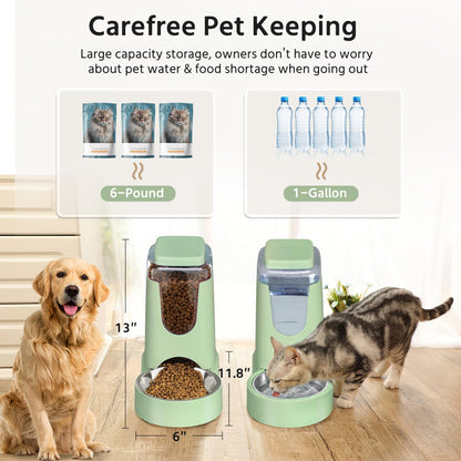2 Pack Automatic Cat Feeder and Stainless Steel Water Dispenser, Gravity Dog Waterer Set Food Feeder and Waterer Set for Small Medium Kitten Puppy Pets(1 Gallon x 2, Charcoal Gray)