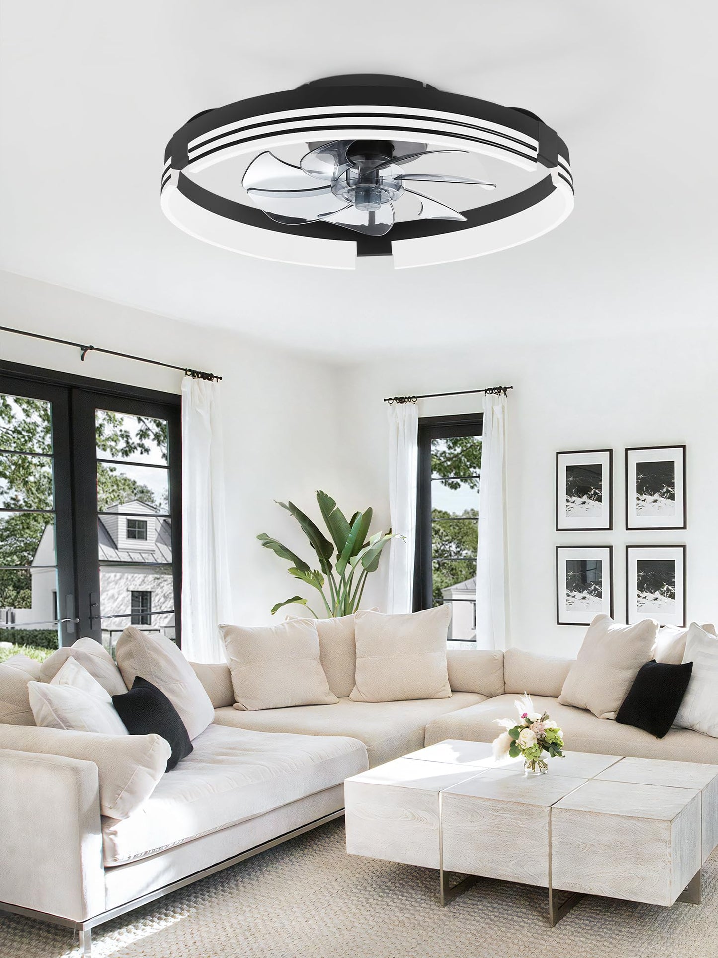 Low Profile Ceiling Fans with Lights and Remote, 20 Inch Flush Mount Ceiling Fan with Light, 3000K-6000K Dimmable Fandelier LED Fan Light, 6 Wind Speeds Black Ceiling Fans for Bedroom