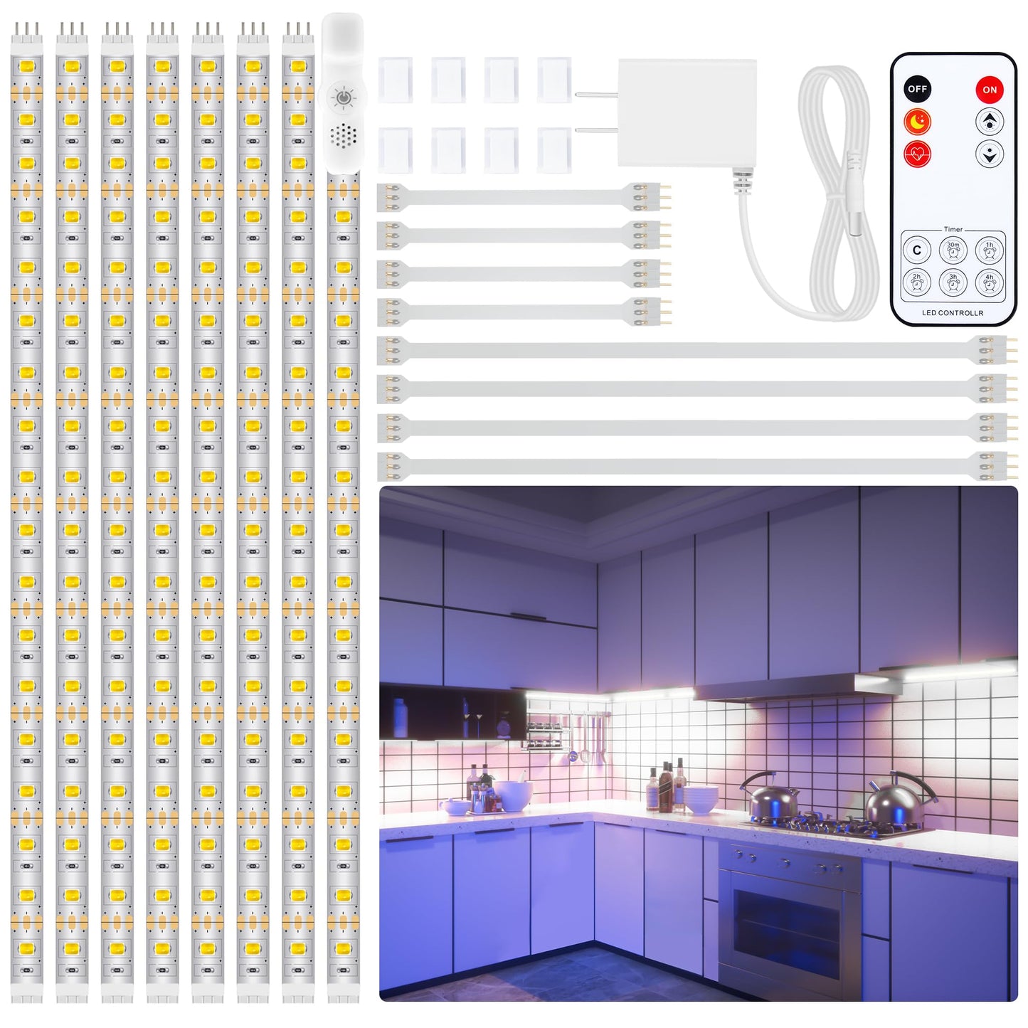 LAFULIT Under Cabinet Lighting Kit - 8 PCS, 2700K Warm White Flexible LED Strip Lights with Remote and Power Adapter for Kitchen Cabinets, Shelf, Desk, Counter - 13ft