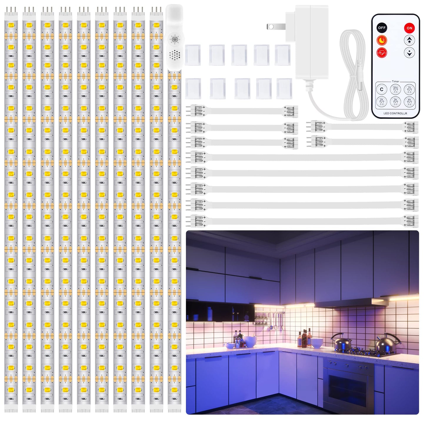 LAFULIT Under Cabinet Lighting Kit - 8 PCS, 2700K Warm White Flexible LED Strip Lights with Remote and Power Adapter for Kitchen Cabinets, Shelf, Desk, Counter - 13ft