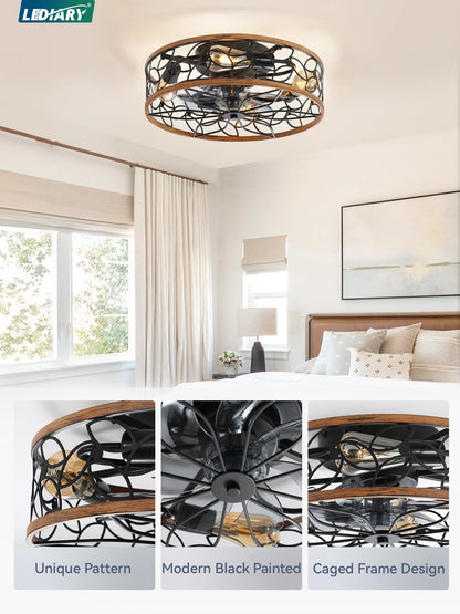 LEDIARY Caged Ceiling Fans with Lights, White Flush Mount Ceiling Fan with Remote, Small Low Profile Bladeless Ceiling Fan Light Fixture for Bedroom, Kitchen, Dining Room-White Gold Color