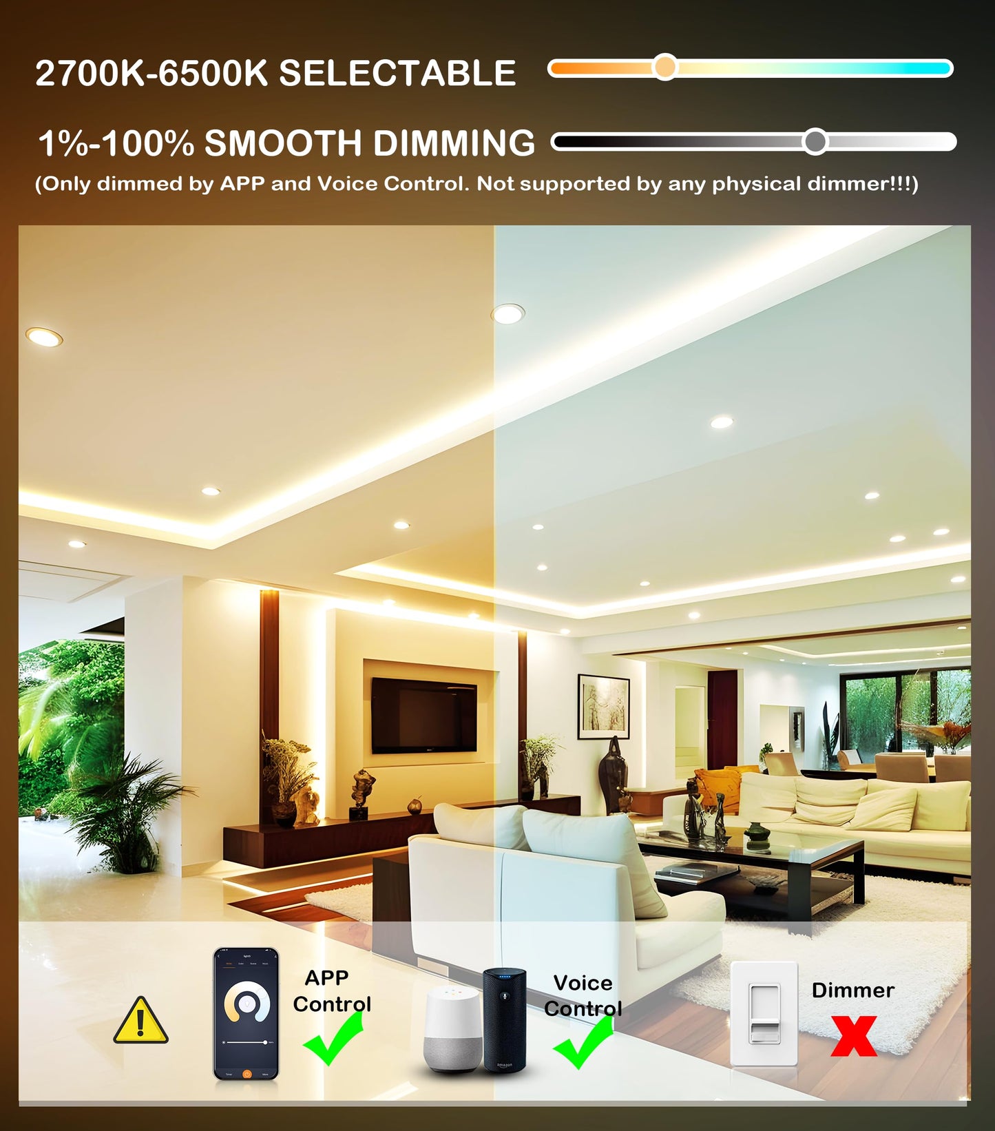 [6 Pack] CLOUDY BAY 4inch Smart WiFi LED Recessed Lights,RGBCW Color Changing Recessed Lighting,Compatible with Alexa and Google Home Assistant,10W 2700K-6500K,CRI90+ Wet Location,White Finish