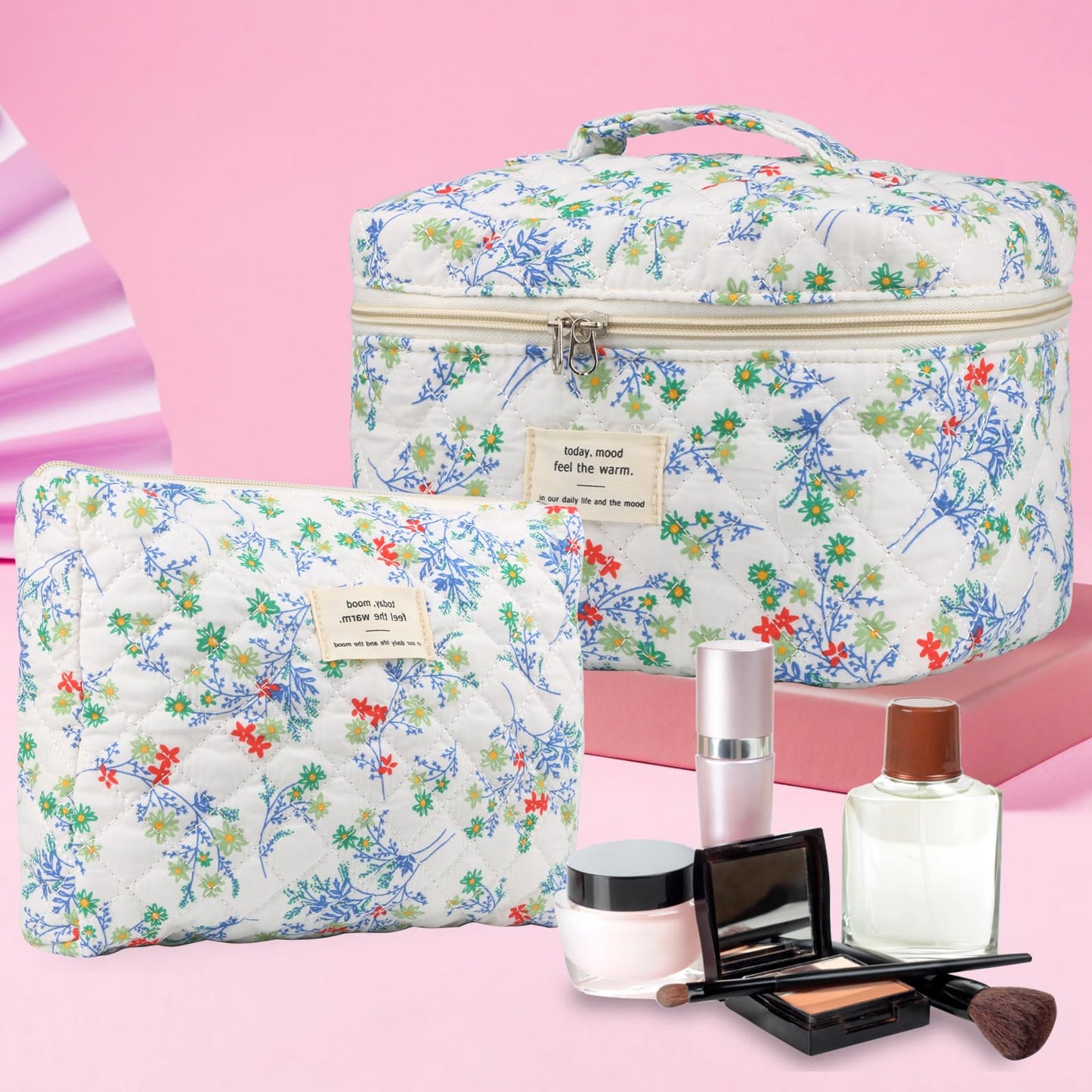Cute Makeup Bag for Women(2 Pcs), Travel Cosmetic Bags, Quilted Coquette Aesthetic Floral Toiletry Organizer Bag (NavyBlue Flower)