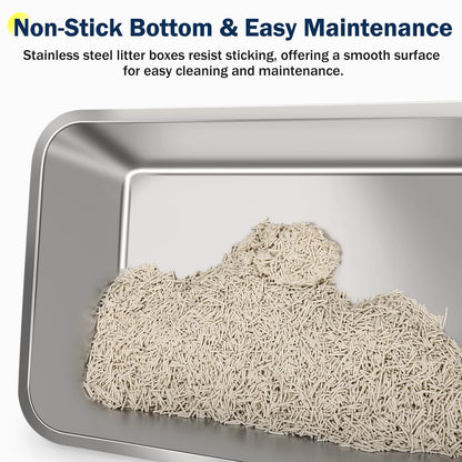 Stainless Steel Cat Litter Box, Extra Large Litter Boxes for Big Cats, Anti-Urine Leakage XL Litter Box with High Sides, Xlarge Metal Litter Box with Lid, Easy Clean, Non-Sticky, Cat Mat & Metal Scoop