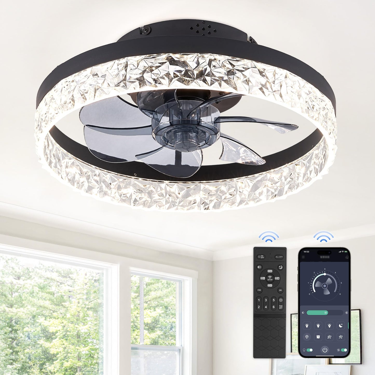 LEDIARY 20" Modern Ceiling Fans with Lights and Remote, Dimmable Low Profile Ceiling Fan, Flush Mount Ceiling Fan, Stepless Color Temperature Change and 6 Speeds - White