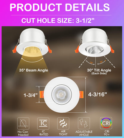 Cloudy Bay Eyeball 5 Color 4 inch Gimbal LED Recessed Light with Junction Box,9.5W CRI90+ 2700K/3000K/3500K/4000K/5000K Selectable,Dimmable Canless Ceiling Spot Light,Damp Location,Black,Pack of 6