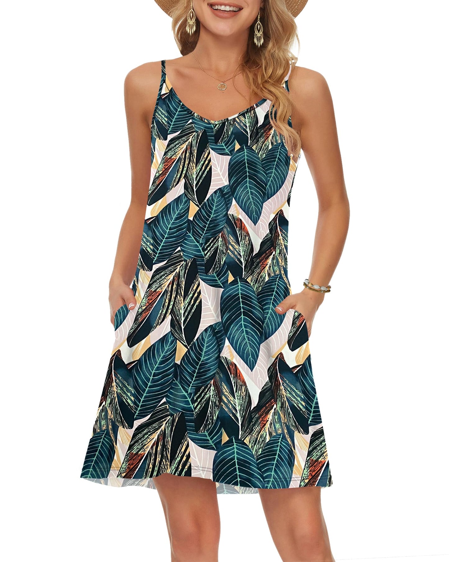MISFAY Women's Summer Spaghetti Strap Casual Swing Tank Beach Cover Up Dress with Pockets