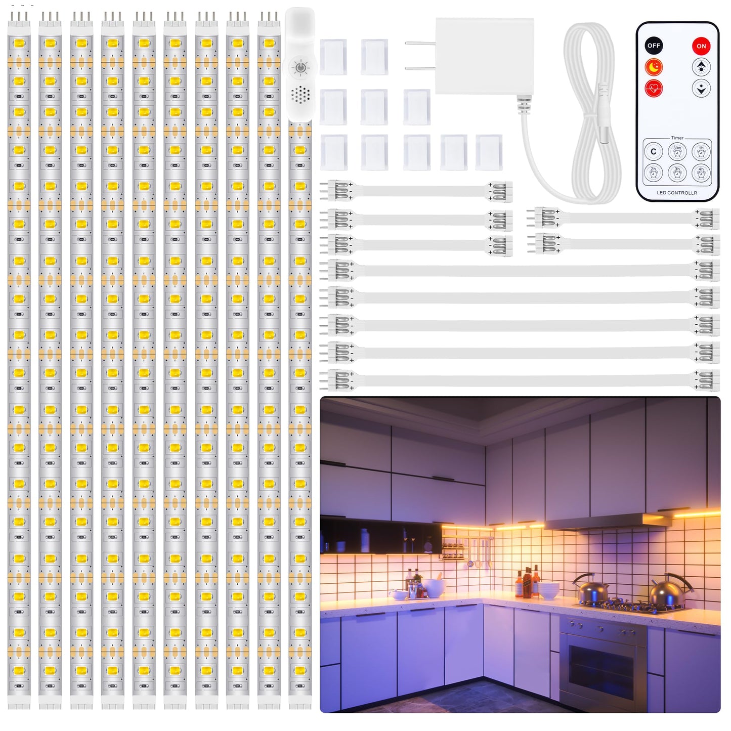 LAFULIT Under Cabinet Lighting Kit - 8 PCS, 2700K Warm White Flexible LED Strip Lights with Remote and Power Adapter for Kitchen Cabinets, Shelf, Desk, Counter - 13ft