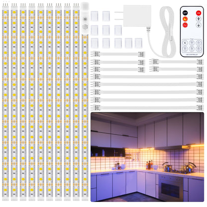 LAFULIT Under Cabinet Lighting Kit - 8 PCS, 2700K Warm White Flexible LED Strip Lights with Remote and Power Adapter for Kitchen Cabinets, Shelf, Desk, Counter - 13ft