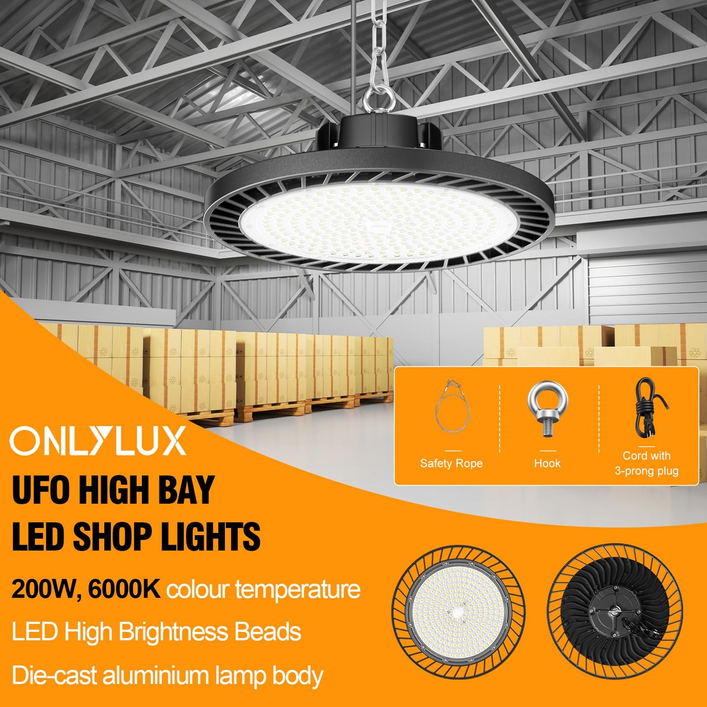 4Pack LED High Bay Light 200W 30000LM Commercial Lighting Products, 100-277V 6000K with Plug, Led Shop Lighting for Garage Barn Gyms Workshop Lighting