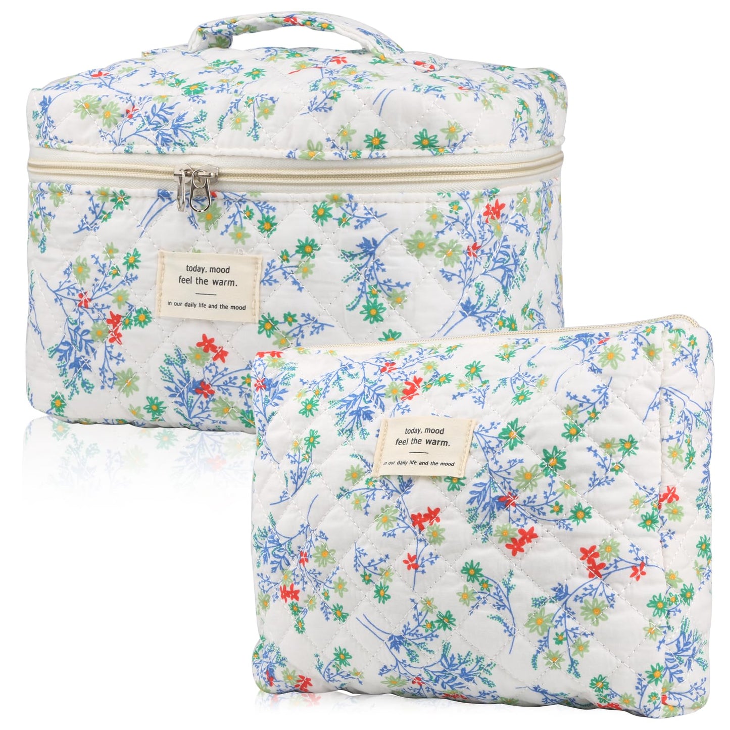 Cute Makeup Bag for Women(2 Pcs), Travel Cosmetic Bags, Quilted Coquette Aesthetic Floral Toiletry Organizer Bag (NavyBlue Flower)