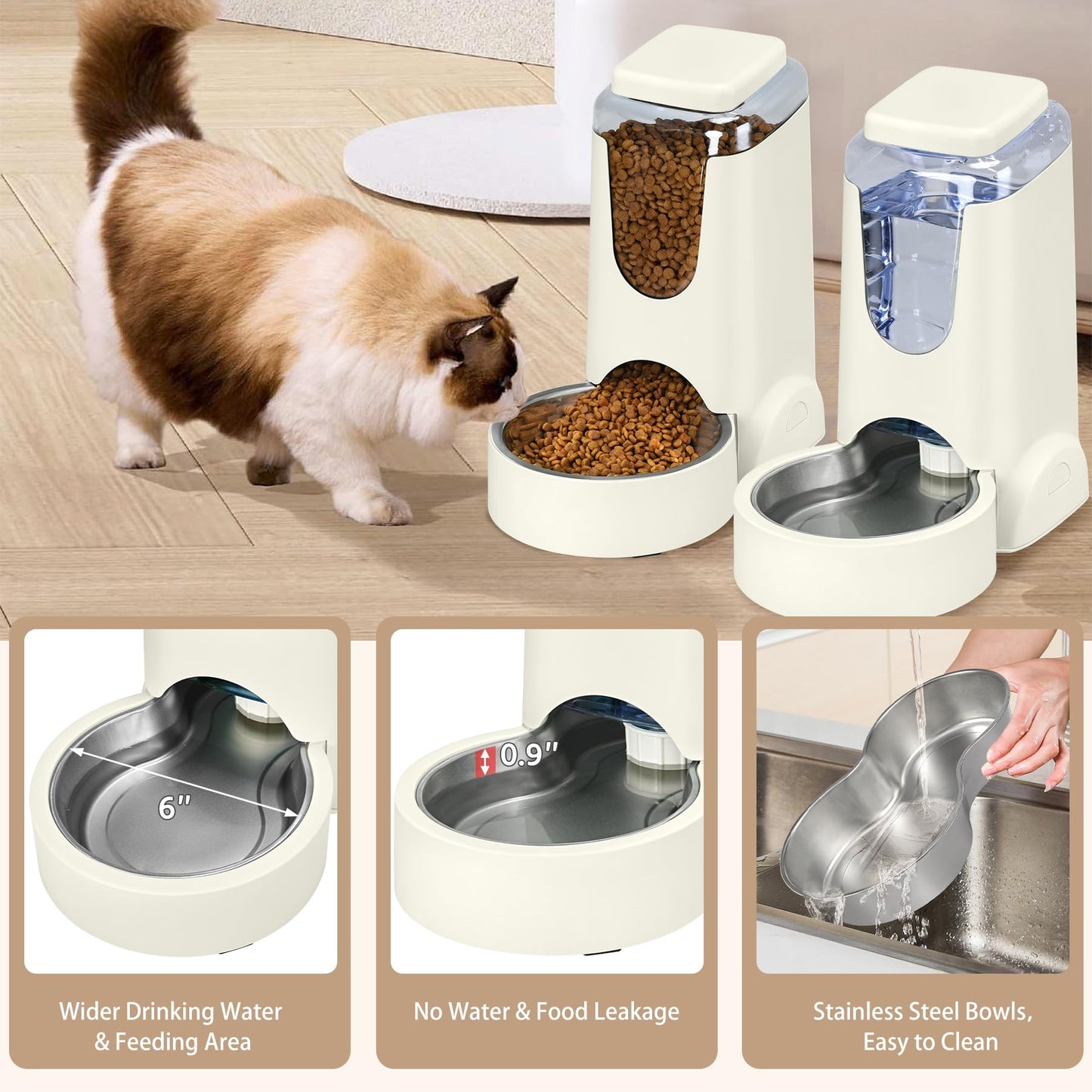 2 Pack Automatic Cat Feeder and Stainless Steel Water Dispenser, Gravity Dog Waterer Set Food Feeder and Waterer Set for Small Medium Kitten Puppy Pets(1 Gallon x 2, Charcoal Gray)