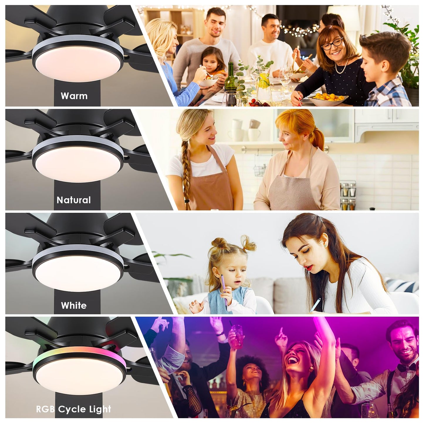 Ceiling Fans with Lights- 46" Low Profile Indoor Ceiling Fan with Light and Remote/APP Control, Flush Mount, LED Dimmable DC Reversible Modern Ceiling Fan for Bedroom（Black）
