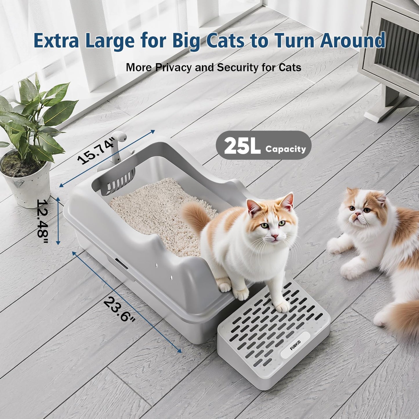 Enclosed Cat Litter Box Stainless Steel with Lid, XL Extra Large Litter Box for Big Cats, Metal High Sided Litter Box with Scoop, Non-Sticky Anti-Leakage Easy Cleaning Gray