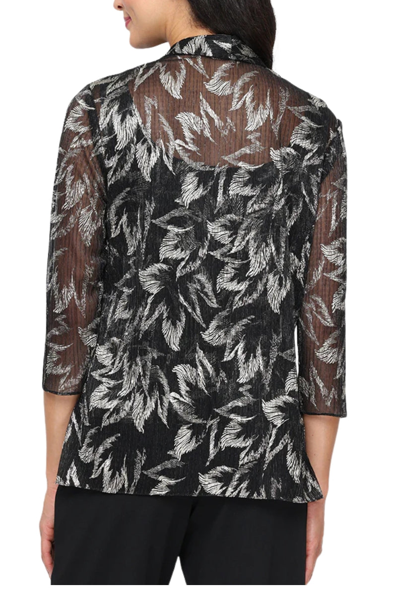Alex Evenings Metallic Floral Print Scoop Neck Tank Three Quarter Sleeves Foil Bodre Twinset Open Cascade Jacket-1
