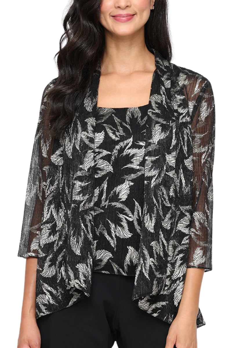 Alex Evenings Metallic Floral Print Scoop Neck Tank Three Quarter Sleeves Foil Bodre Twinset Open Cascade Jacket-0