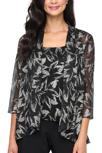 Alex Evenings Metallic Floral Print Scoop Neck Tank Three Quarter Sleeves Foil Bodre Twinset Open Cascade Jacket-0