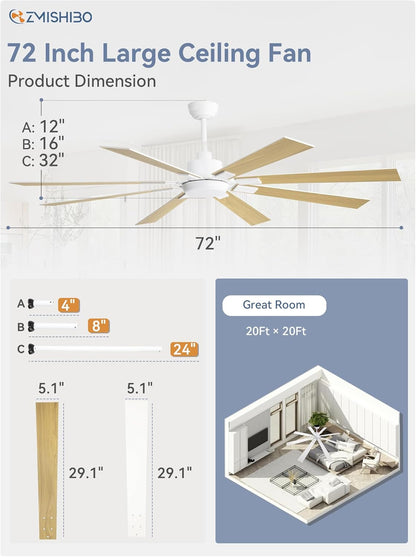 72 Inch White Ceiling Fans with Lights and Remote, Indoor/Outdoor