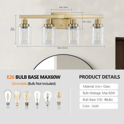 Gold 4 Lamp Vanity Light With Clear Glass Shade, Modern Iron Metal Bathroom Wall Fixture For Bathroom & Dresser - No Bulbs