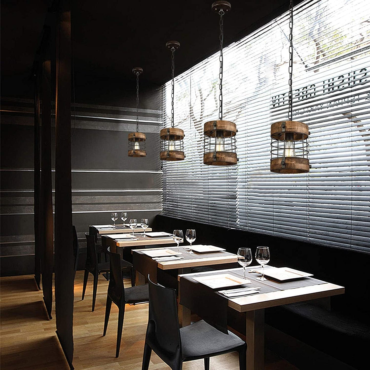 Retro Industrial Metal and Wood Chandelier 1-Light round Cage Pendant