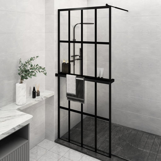 vidaXL Walk-in Shower Wall with Shelf Black 35.4"x76.8" ESG Glass&Aluminum-0