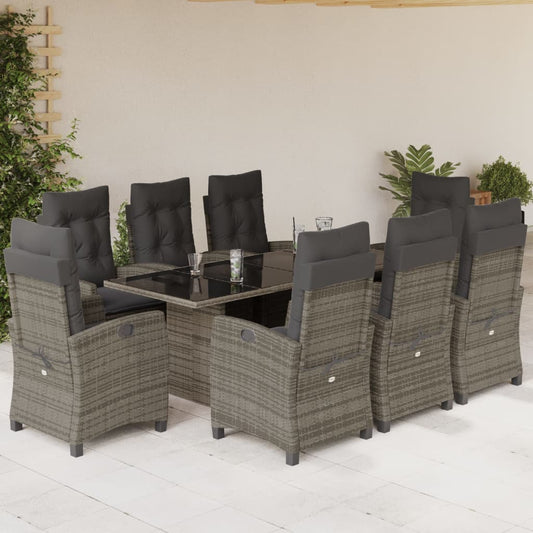 vidaXL 9 Piece Patio Dining Set with Cushions Gray Poly Rattan-0