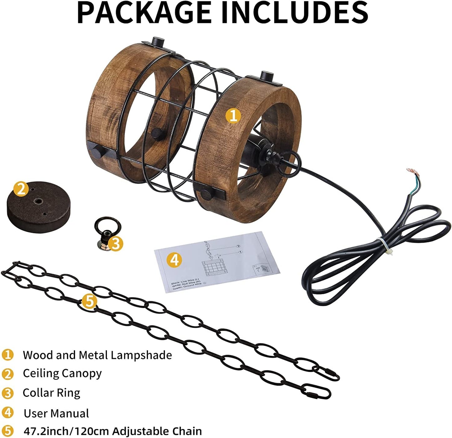 Retro Industrial Metal and Wood Chandelier 1-Light round Cage Pendant