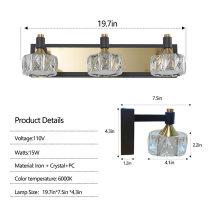 LED 3-Light Modern Crystal Bathroom Vanity Light Over Mirror Bath Wall Lighting Fixtures