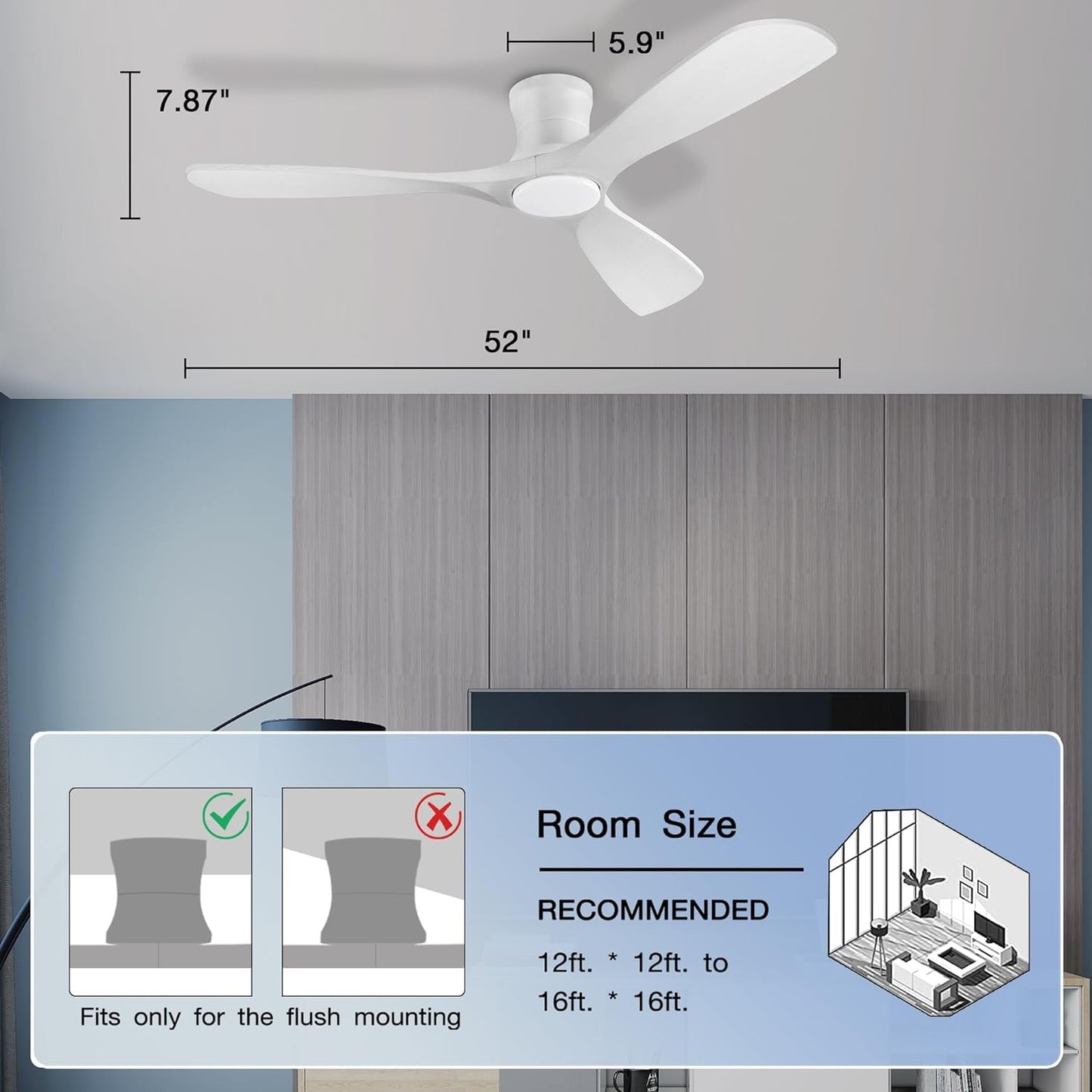 52In Smart Low Profile Ceiling Fans with Lights Remote,Quiet DC