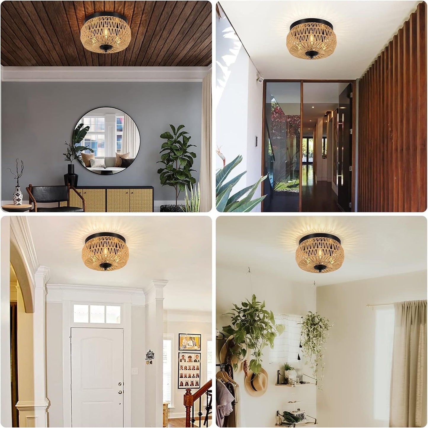 3 Lamp Woven Rattan Recessed Chandelier Lamp Fixture With Handmade Cage Lampshade For Bedroom, Kitchen, Hallway, Porch