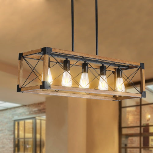 5 Lights Vintage Farmhouse Chandelier For Kitchen, Living Room, Dining Room Walnut - No Bulbs