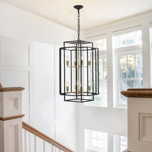 8 Lights Black & Gold Lantern Tiered Chandelier, Industrial Farmhouse Chandelier - No Bulbs