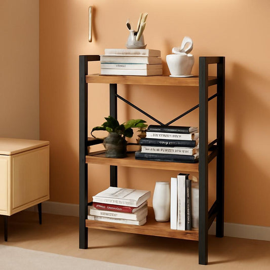 Rustic Brown 3 Tier Metal Bookshelf For Living Room-0