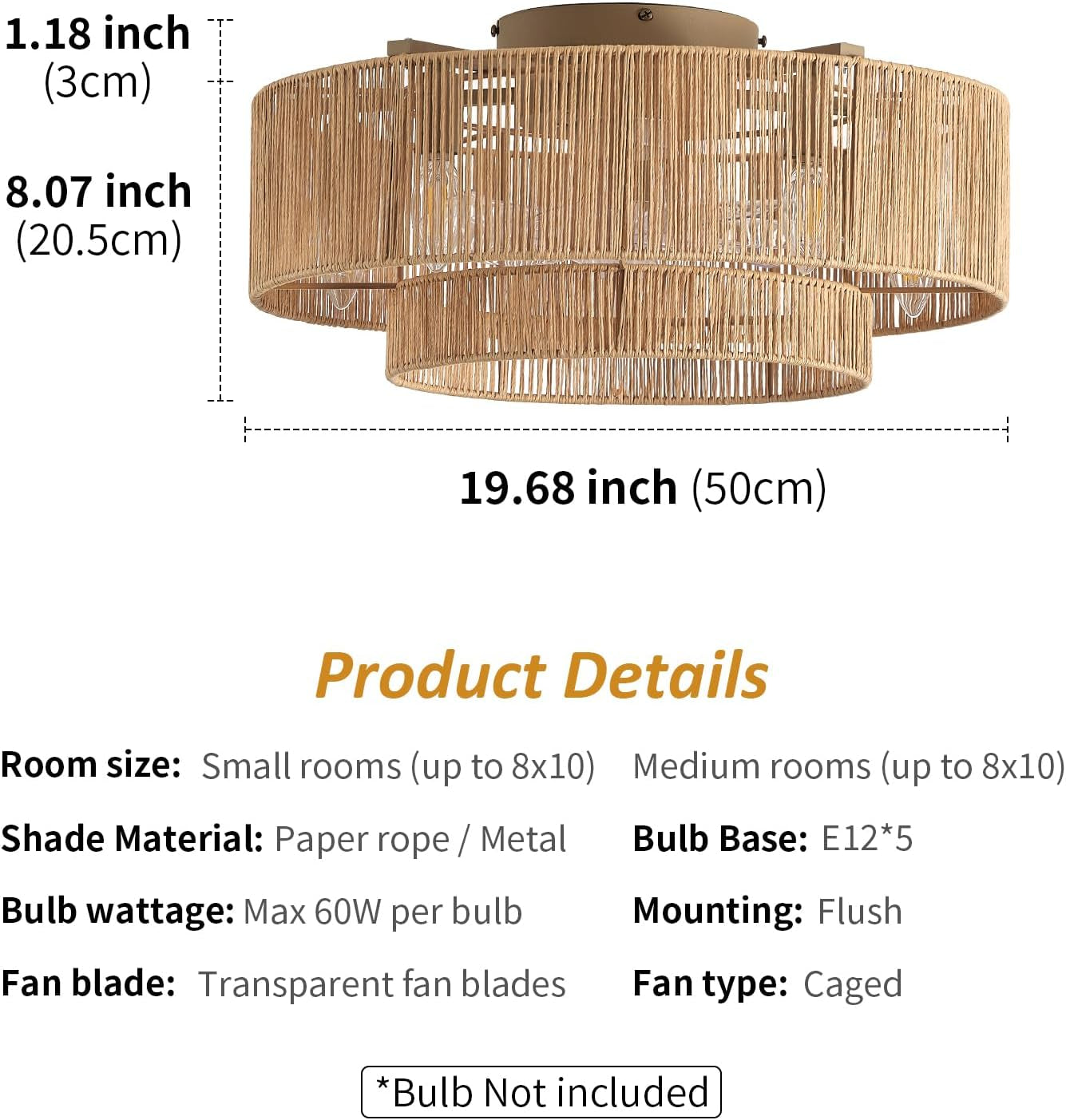 20 Inch Boho Caged Ceiling Fans with Lights Flush Mount, Layered