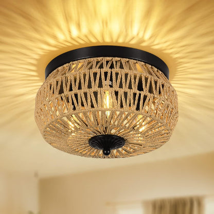 3 Lamp Woven Rattan Recessed Chandelier Lamp Fixture With Handmade Cage Lampshade For Bedroom, Kitchen, Hallway, Porch