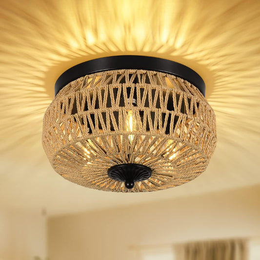 3 Lamp Woven Rattan Recessed Chandelier Lamp Fixture With Handmade Cage Lampshade For Bedroom, Kitchen, Hallway, Porch