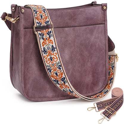HKCLUF Crossbody Bags for Women Trendy Vegan Leather Hobo Handbags With 2PCS Adjustable Guitar Strap Shoulder Bucket Bags