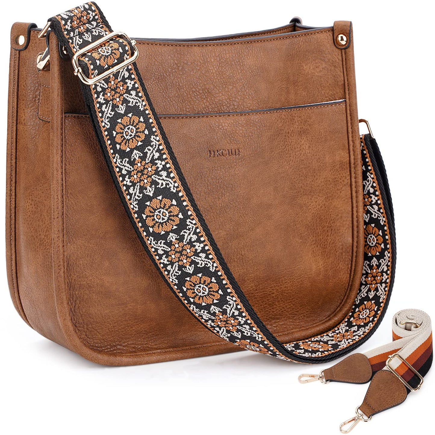 HKCLUF Crossbody Bags for Women Trendy Vegan Leather Hobo Handbags With 2PCS Adjustable Guitar Strap Shoulder Bucket Bags
