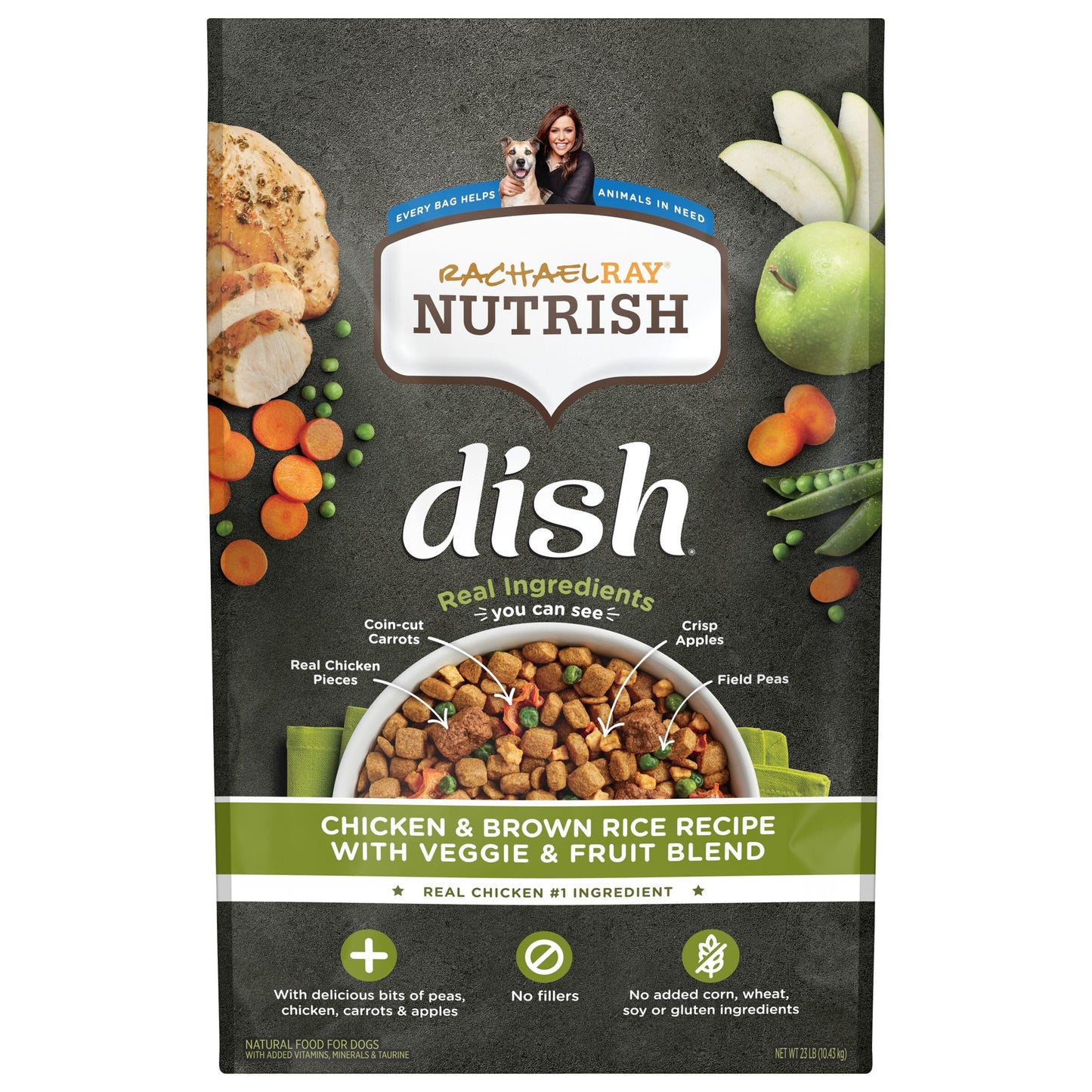 Rachael Ray Nutrish Dish Premium Dry Dog Food, Chicken & Brown Rice Recipe with Veggies & Fruit, 23 Pounds