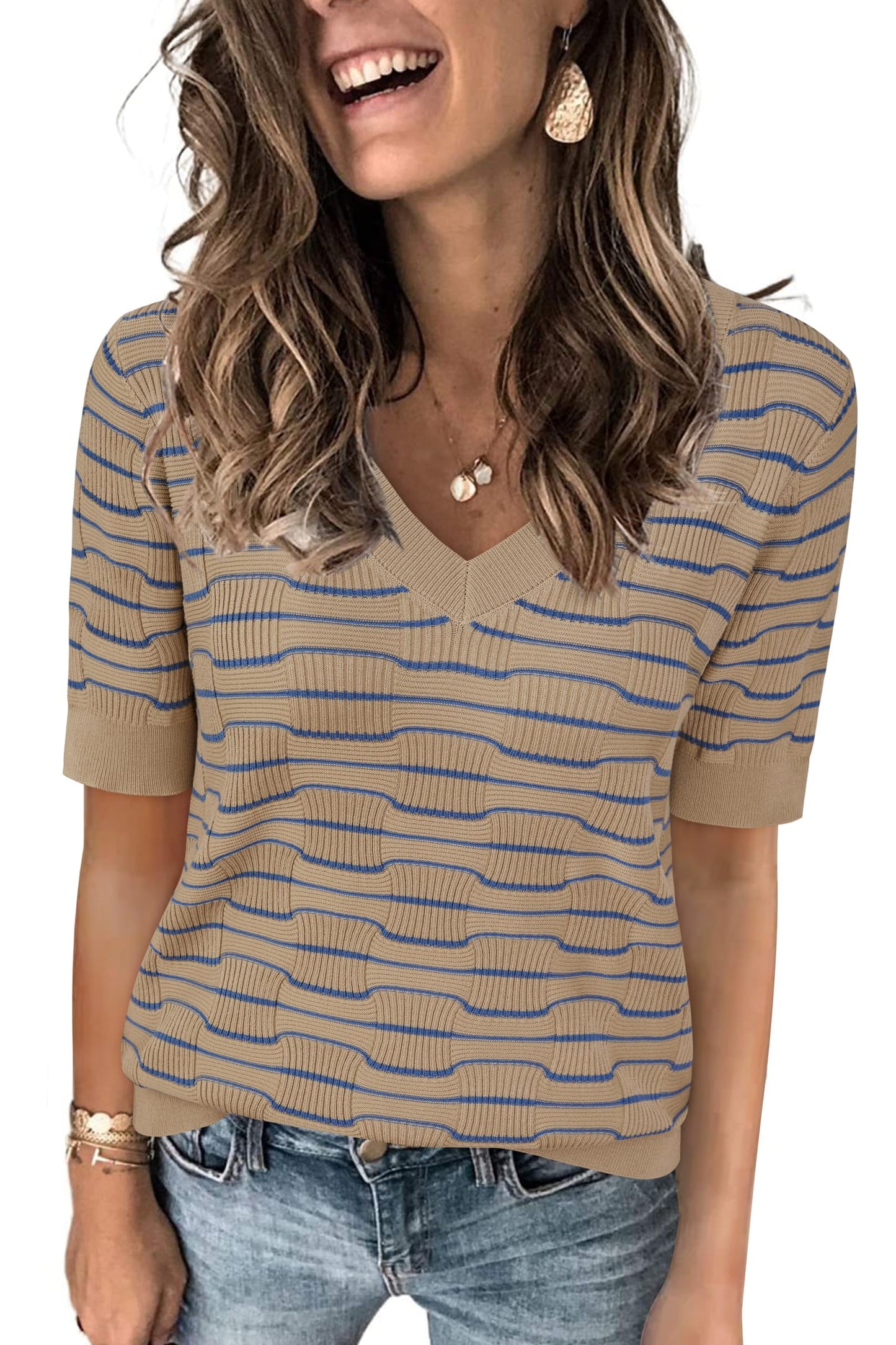 Arach&Cloz Women's Tops 2025 Spring Summer Short Sleeve Sweater Fashion Trendy Dressy Casual Outfit Versatile Knit Blouse