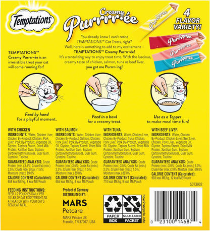 Temptations Creamy Puree with Beef Liver, Salmon, Chicken, and Tuna Squeezable Lickable Wet Cat Treat Variety Pack, 0.42 oz. Tubes, Pack of 48